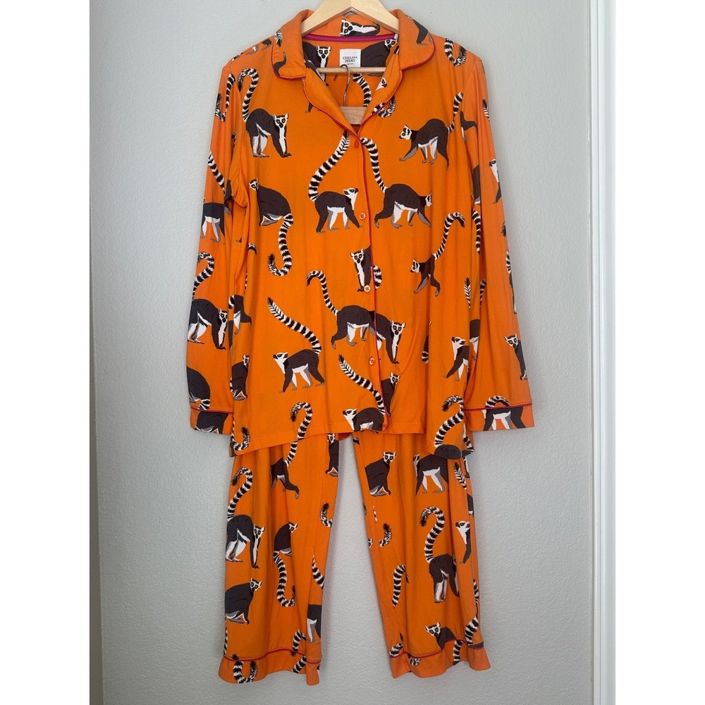 Chelsea Peers Lemur Pajama Set Jersey Orange Black Whimsical Novelty